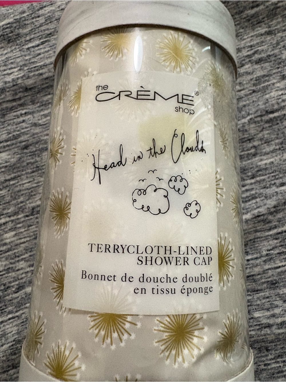 The Crème Shop Terrycloth-Lined Shower Cap — White with Gold Starbursts
